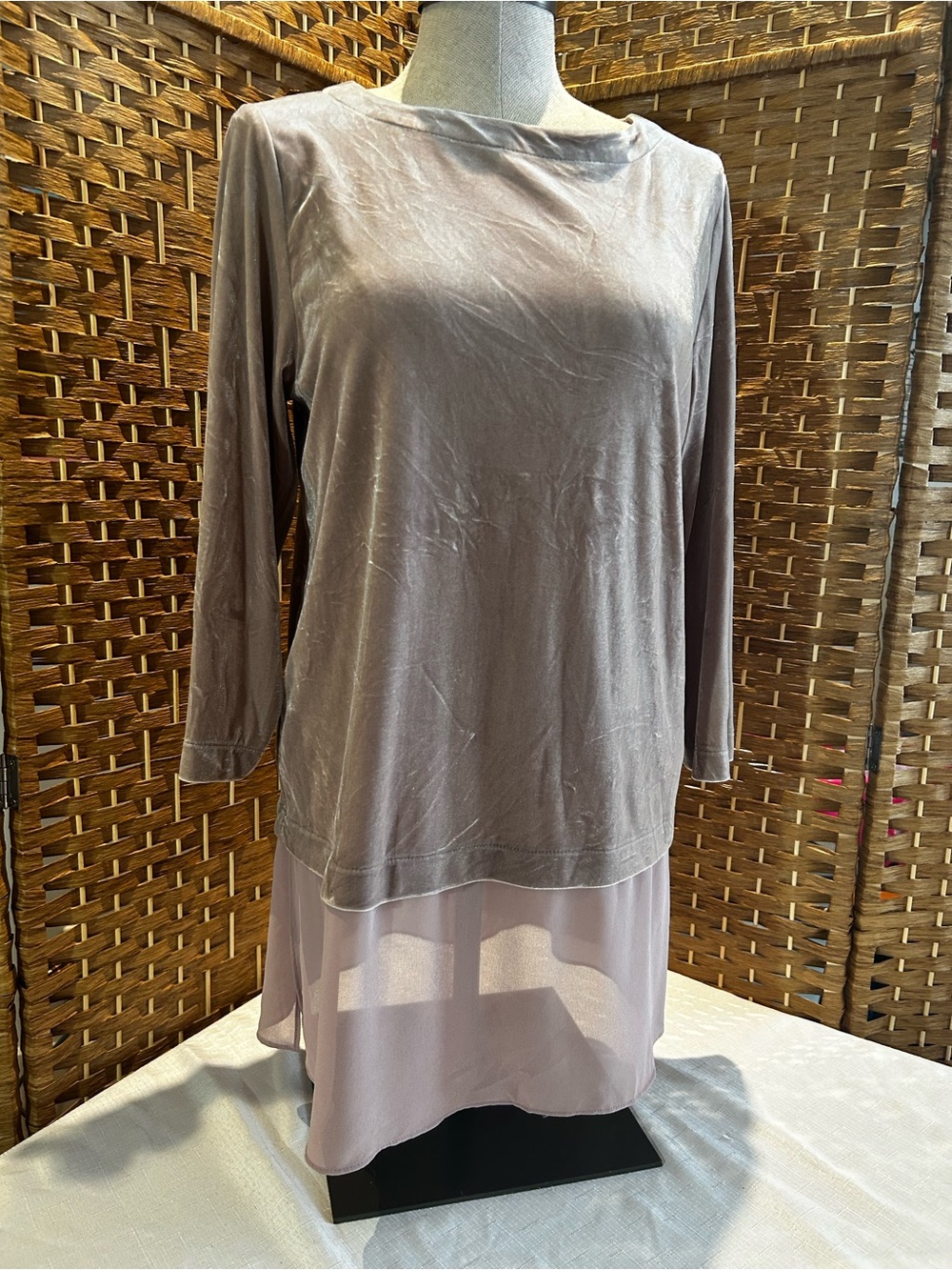 Velour Layered Tunic Top Sheer Hem Long Sleeve Soft Lounge Chic M